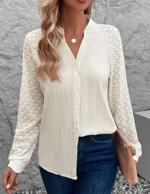 Lace-Spliced Long-Sleeve Blouse