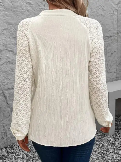 Lace-Spliced Long-Sleeve Blouse