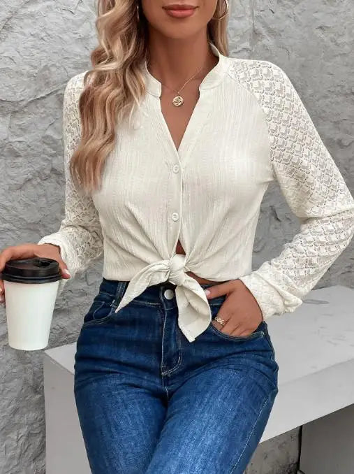 Lace-Spliced Long-Sleeve Blouse