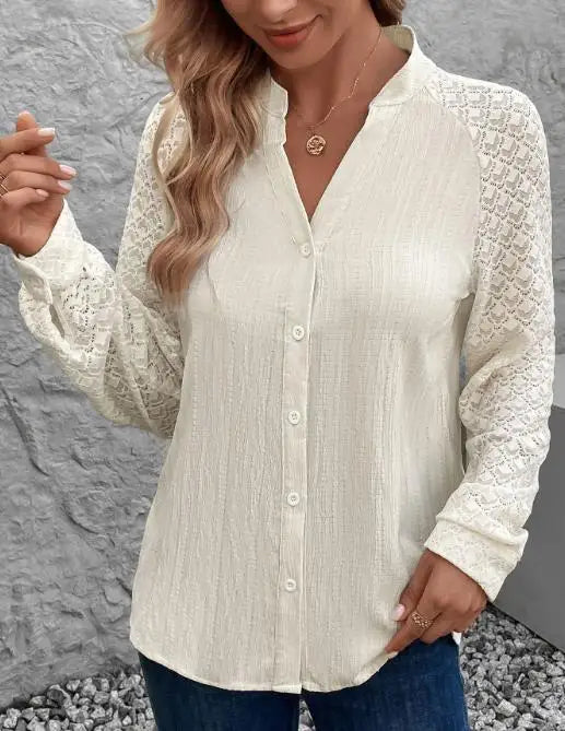 Lace-Spliced Long-Sleeve Blouse