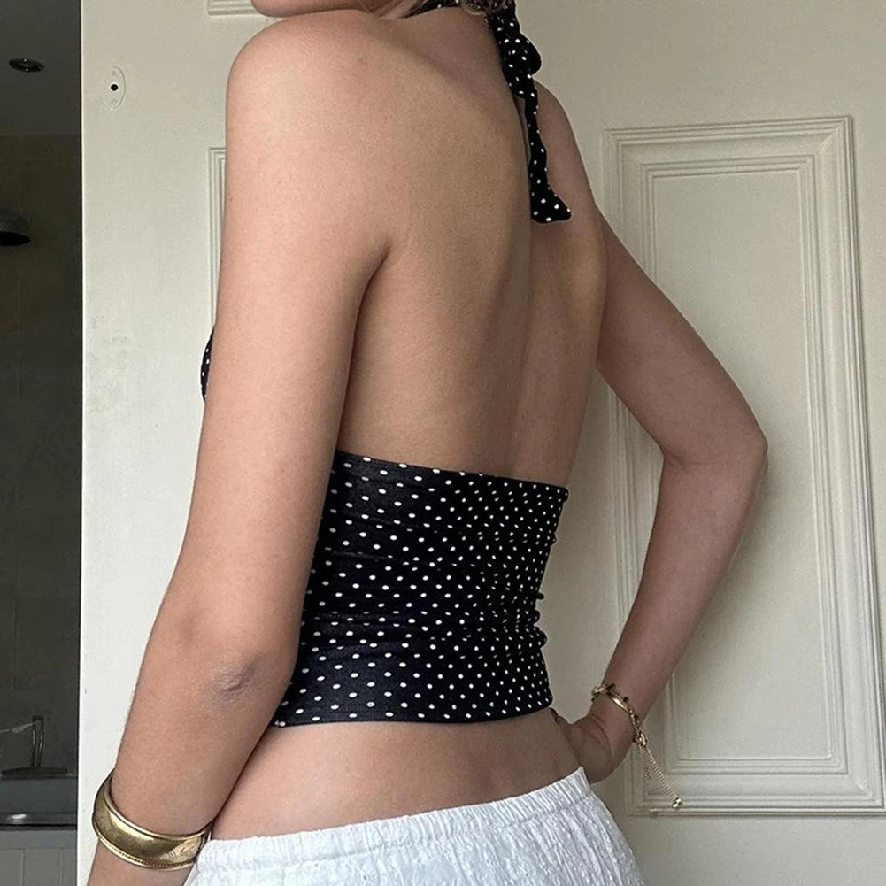 Vintage Polka Dot Halter Top – Slim Fit Open-Back Blouse
