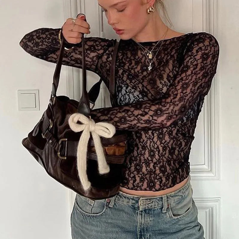 Sheer Lace Long-Sleeve Crop Top