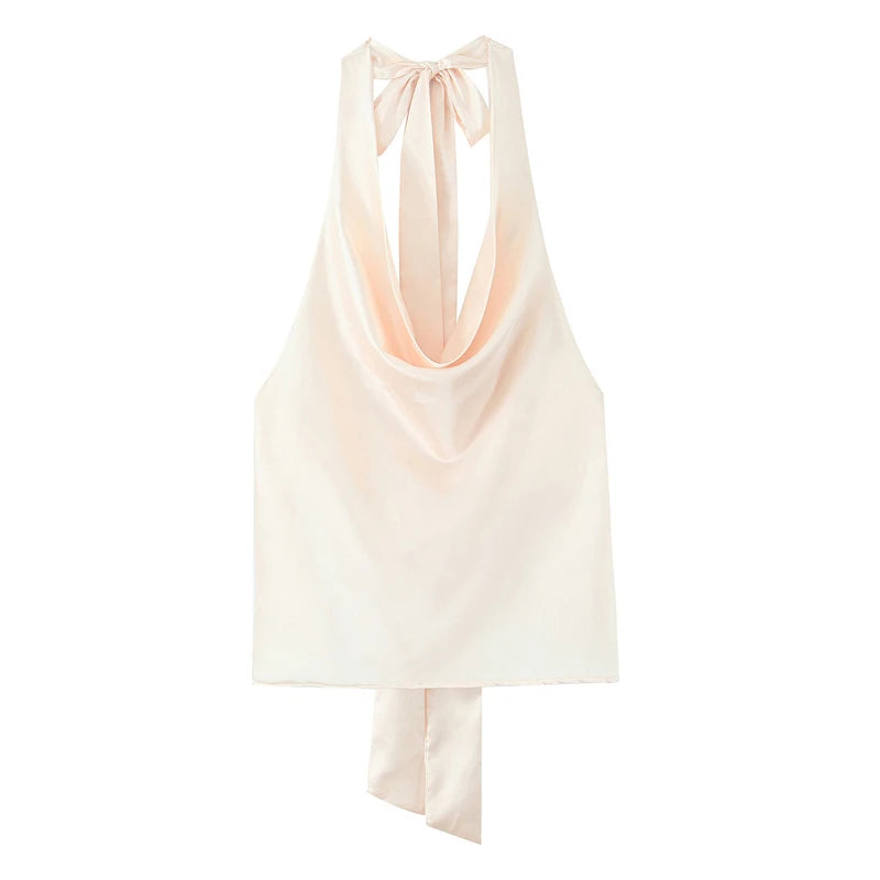 Women Casual Satin Halter Top with Adjustable Tie Sleeveless Open Back Solid Collar Vest Summer Beach Style Casual Female Blouse