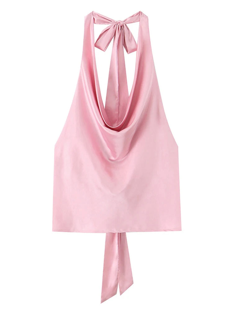 Women Casual Satin Halter Top with Adjustable Tie Sleeveless Open Back Solid Collar Vest Summer Beach Style Casual Female Blouse