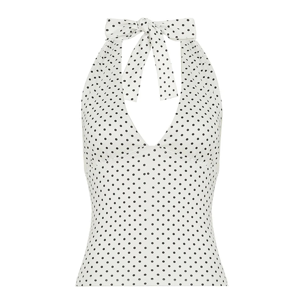 Vintage Polka Dot Halter Top – Slim Fit Open-Back Blouse