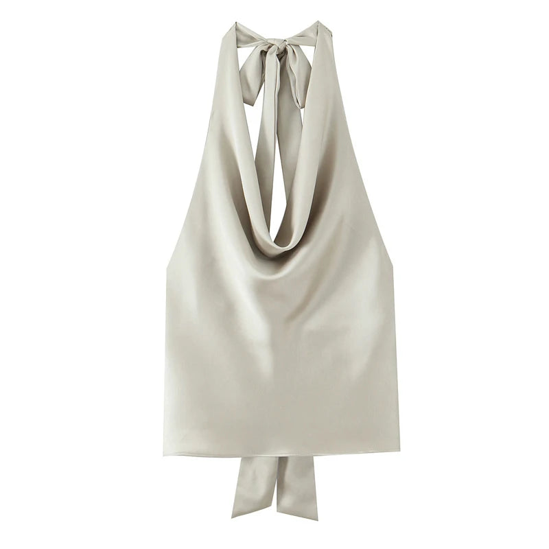 Women Casual Satin Halter Top with Adjustable Tie Sleeveless Open Back Solid Collar Vest Summer Beach Style Casual Female Blouse