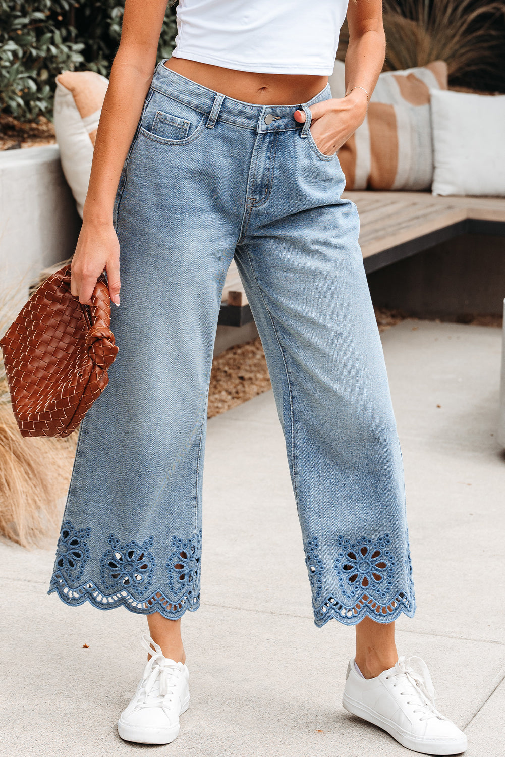 Juliette Embroidered Cropped Wide Leg High Waist Jeans