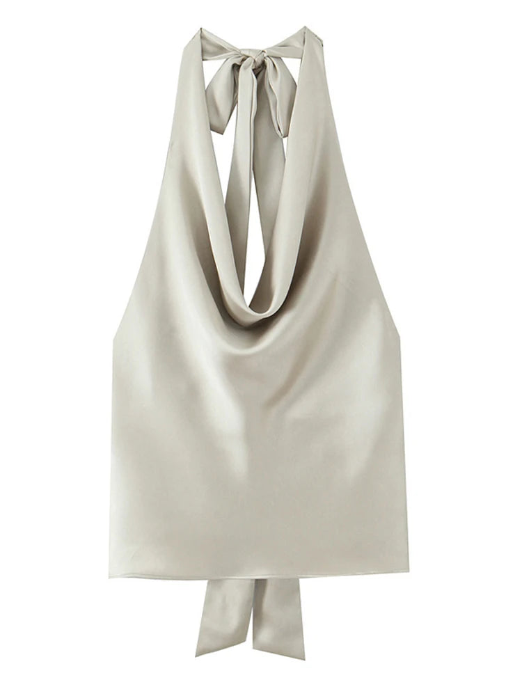 Women Casual Satin Halter Top with Adjustable Tie Sleeveless Open Back Solid Collar Vest Summer Beach Style Casual Female Blouse