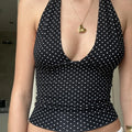 Vintage Polka Dot Halter Top – Slim Fit Open-Back Blouse