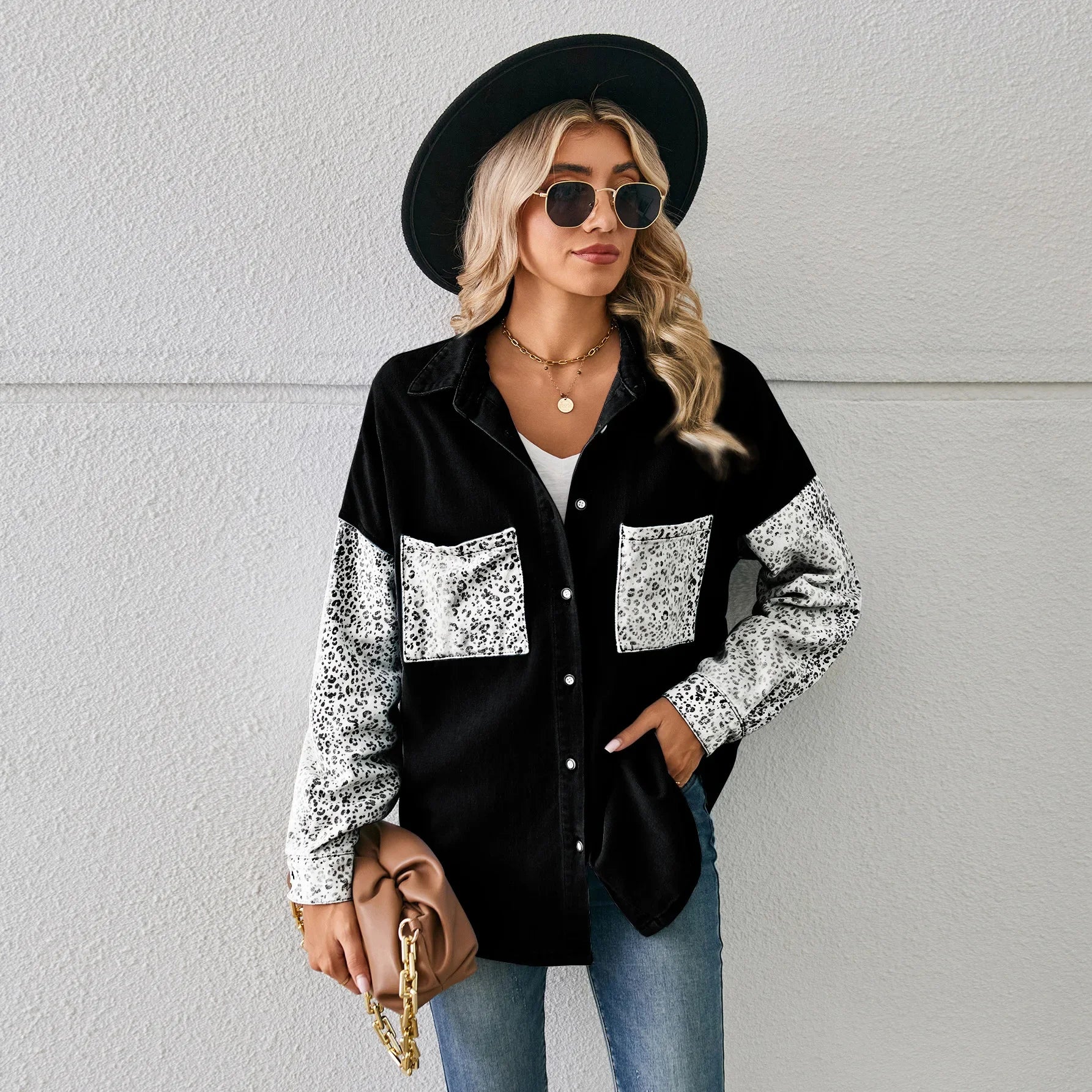 Leopard Print Patchwork Denim Loose Shirt