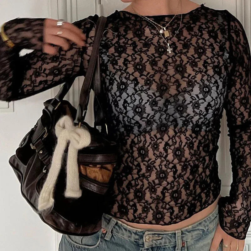 Sheer Lace Long-Sleeve Crop Top