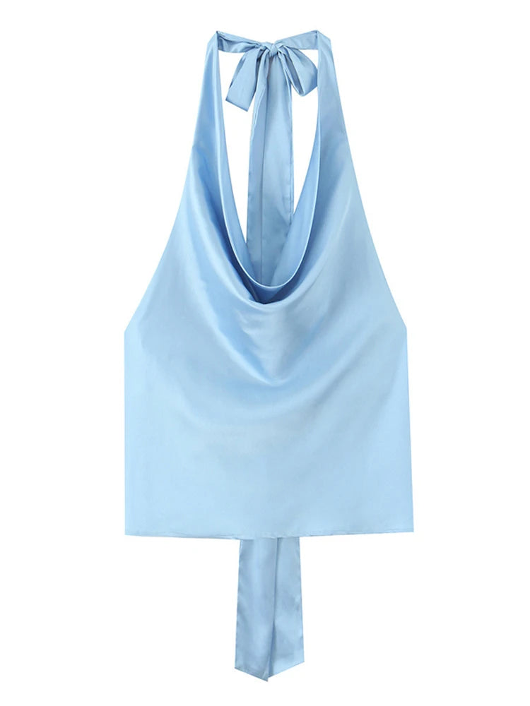 Women Casual Satin Halter Top with Adjustable Tie Sleeveless Open Back Solid Collar Vest Summer Beach Style Casual Female Blouse