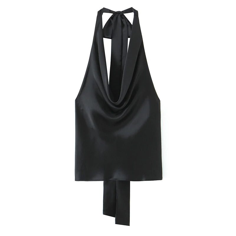 Women Casual Satin Halter Top with Adjustable Tie Sleeveless Open Back Solid Collar Vest Summer Beach Style Casual Female Blouse