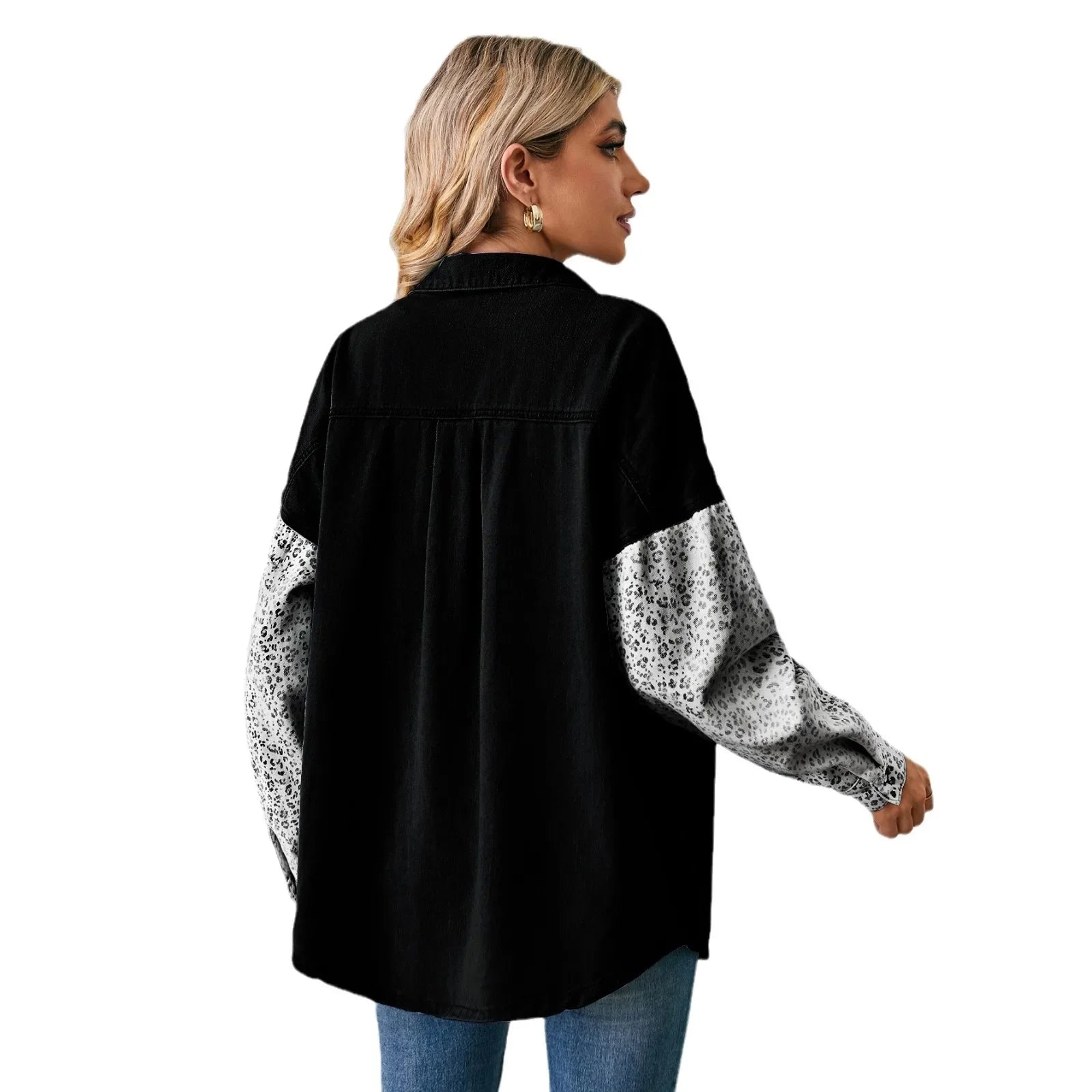 Leopard Print Patchwork Denim Loose Shirt