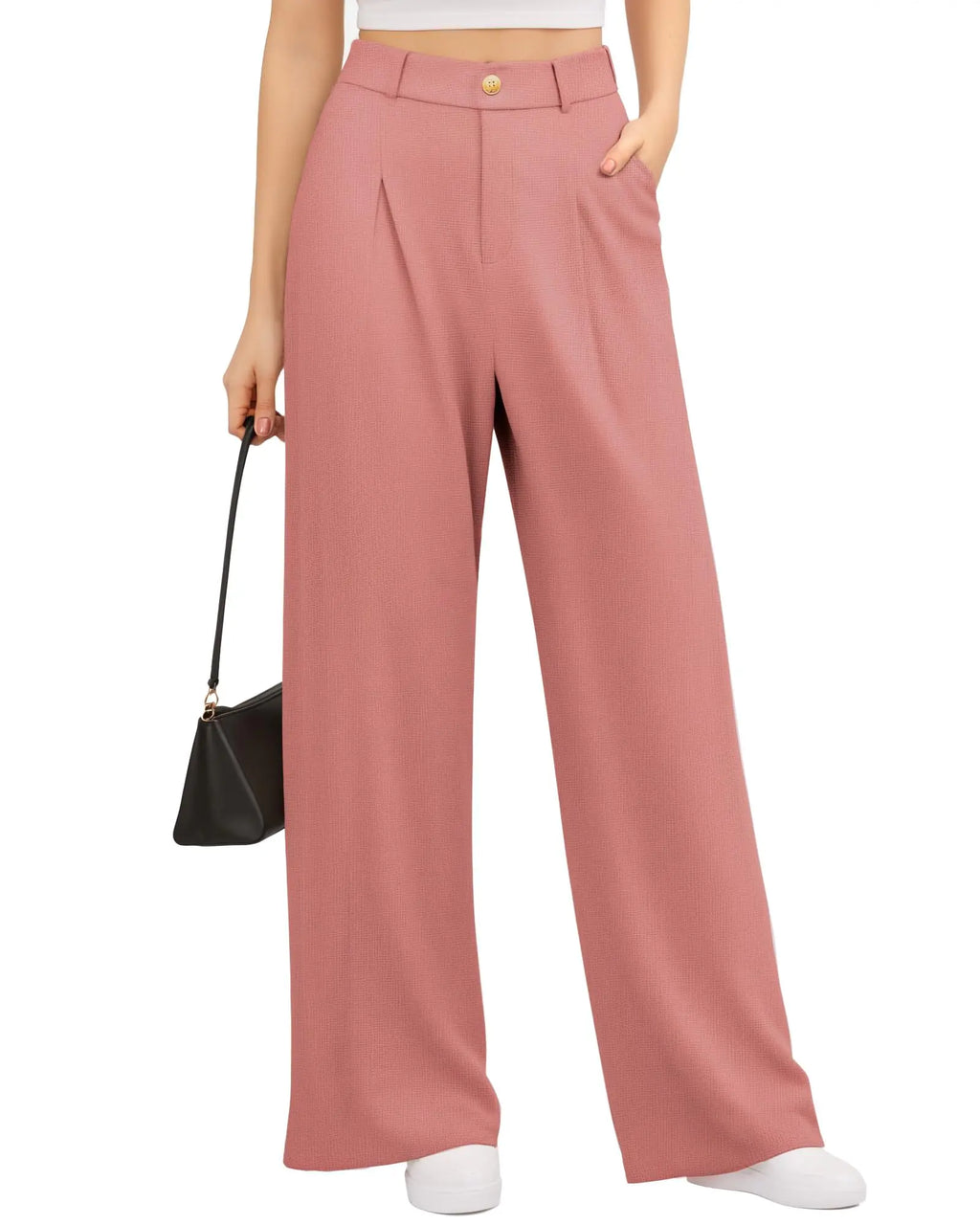 Womens Wide Leg Palazzo Pants Belted High Waisted Business Casual Flowy Long Trousers with Pockets Pink