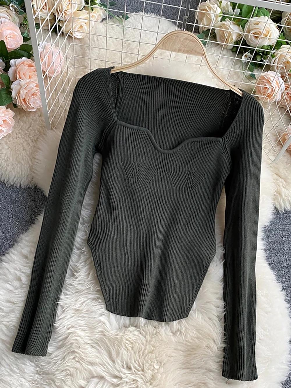 Square Collar Irregular Long Sleeve Woman Sweaters