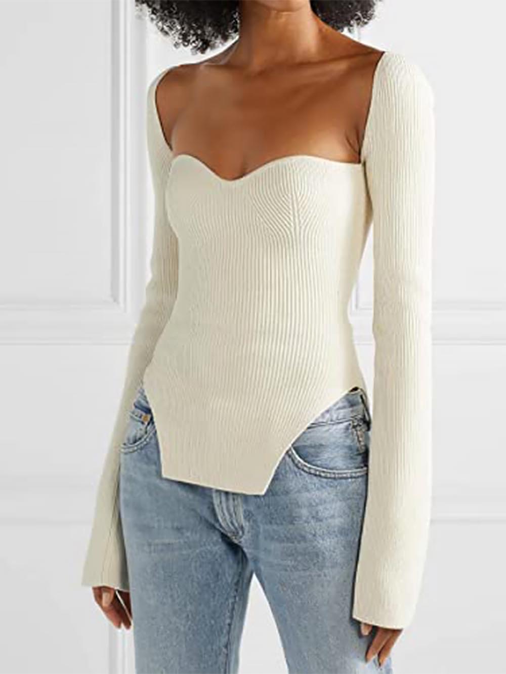 Square Collar Irregular Long Sleeve Woman Sweaters