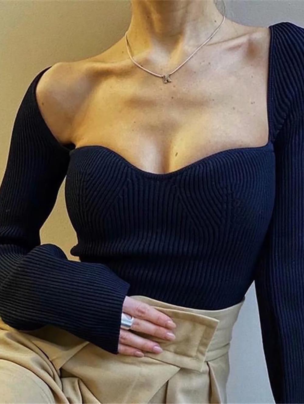 Square Collar Irregular Long Sleeve Woman Sweaters