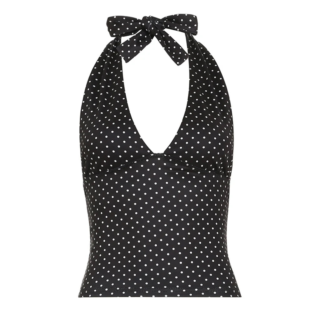 Vintage Polka Dot Halter Top – Slim Fit Open-Back Blouse