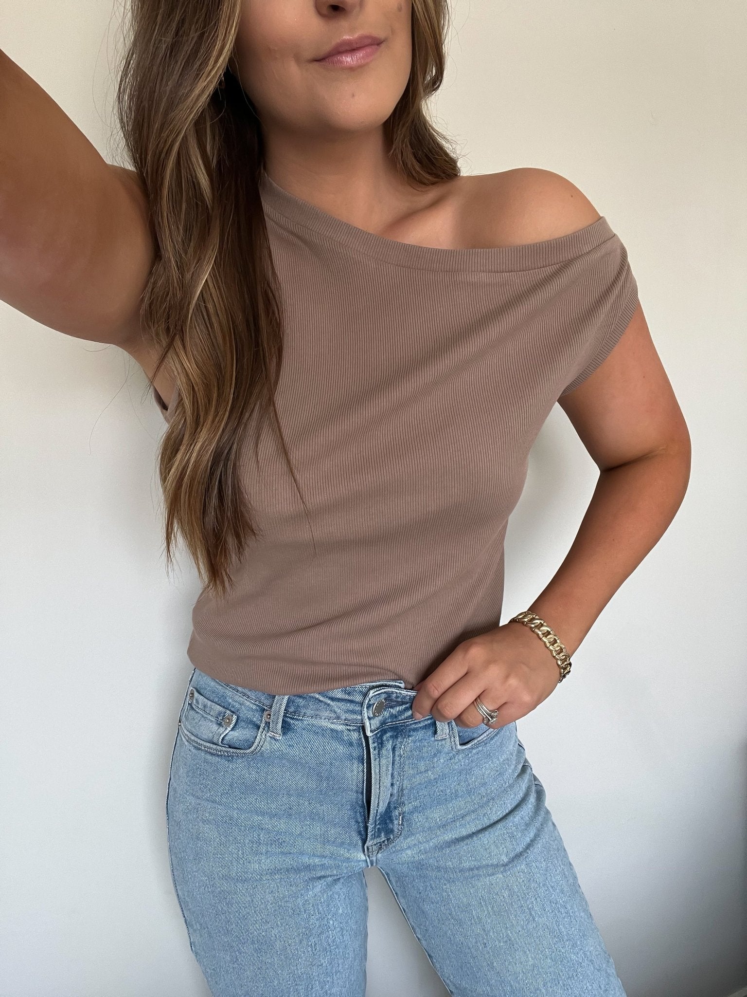 Brown Off The Shoulder Ribbed Top