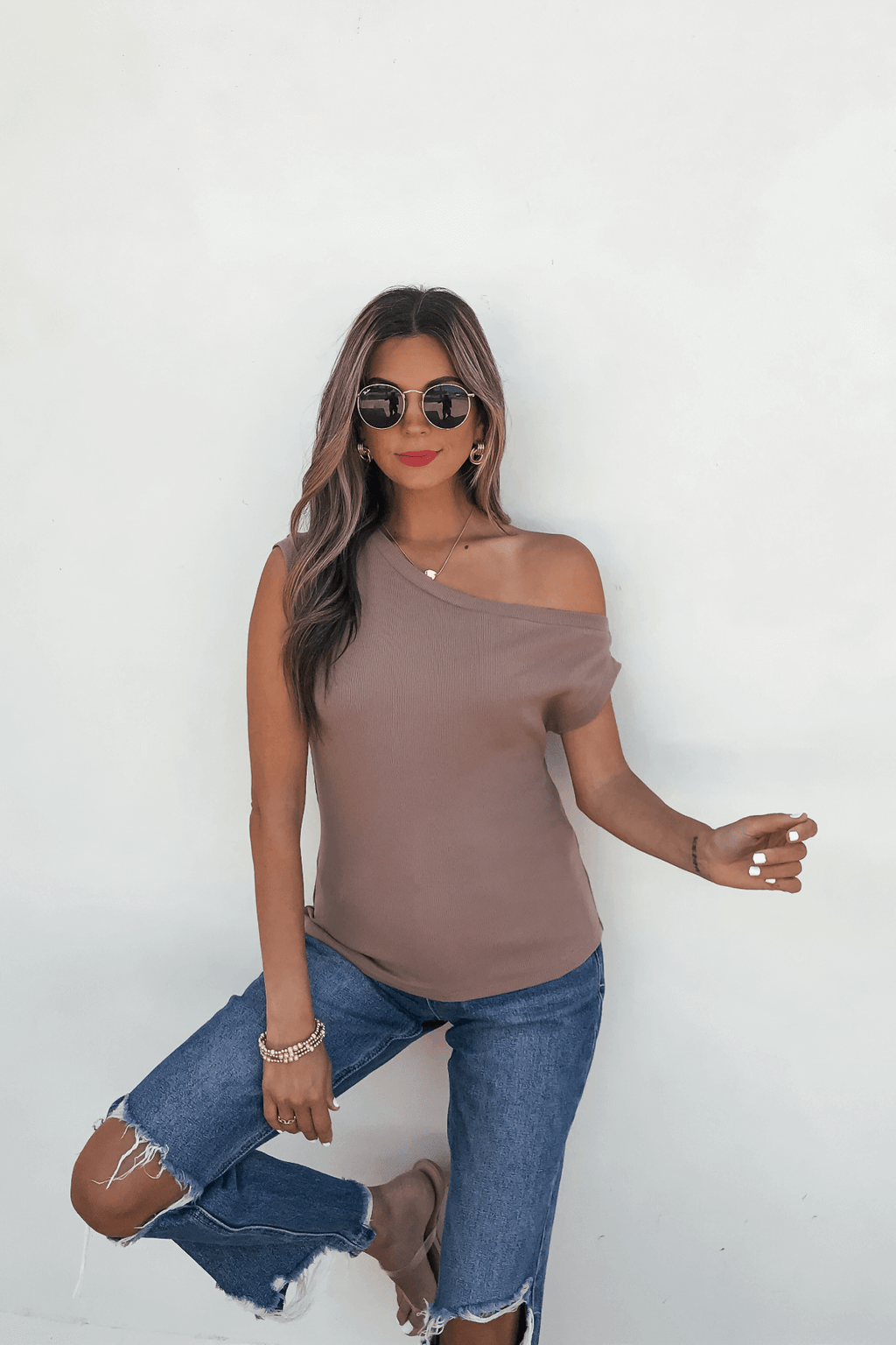 Brown Off The Shoulder Ribbed Top