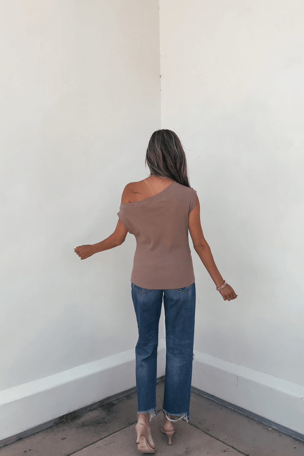 Brown Off The Shoulder Ribbed Top