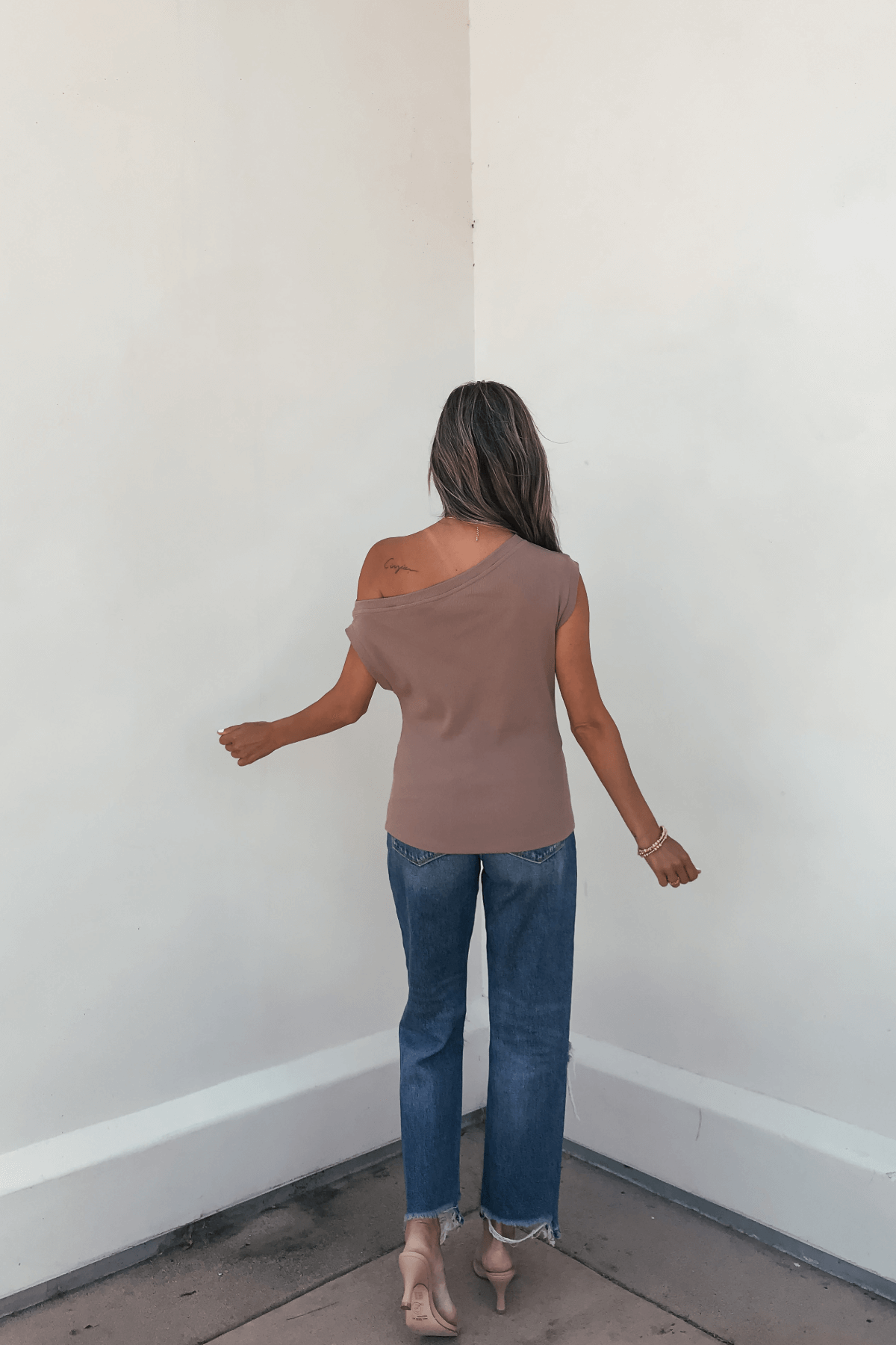 Brown Off The Shoulder Ribbed Top