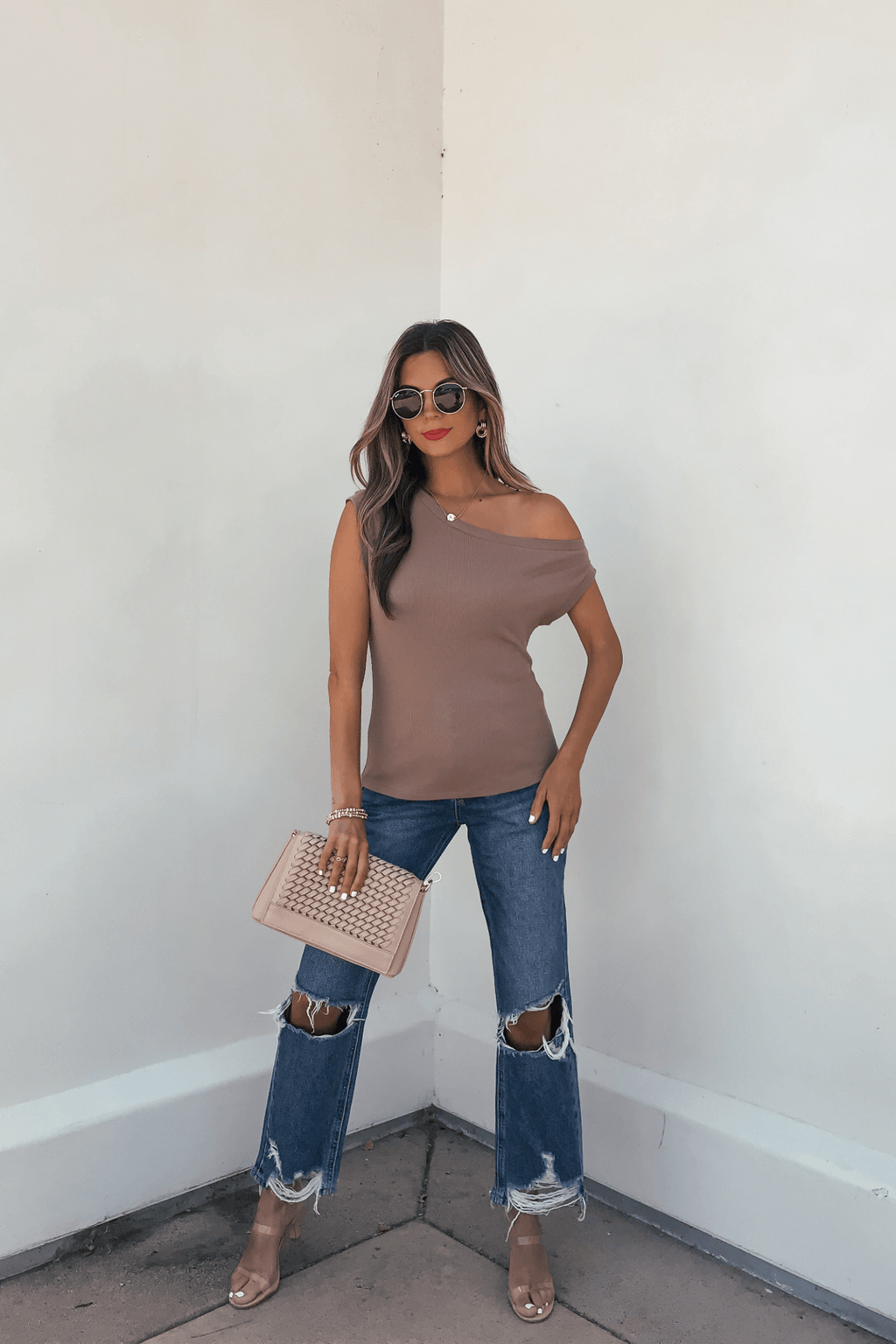 Brown Off The Shoulder Ribbed Top