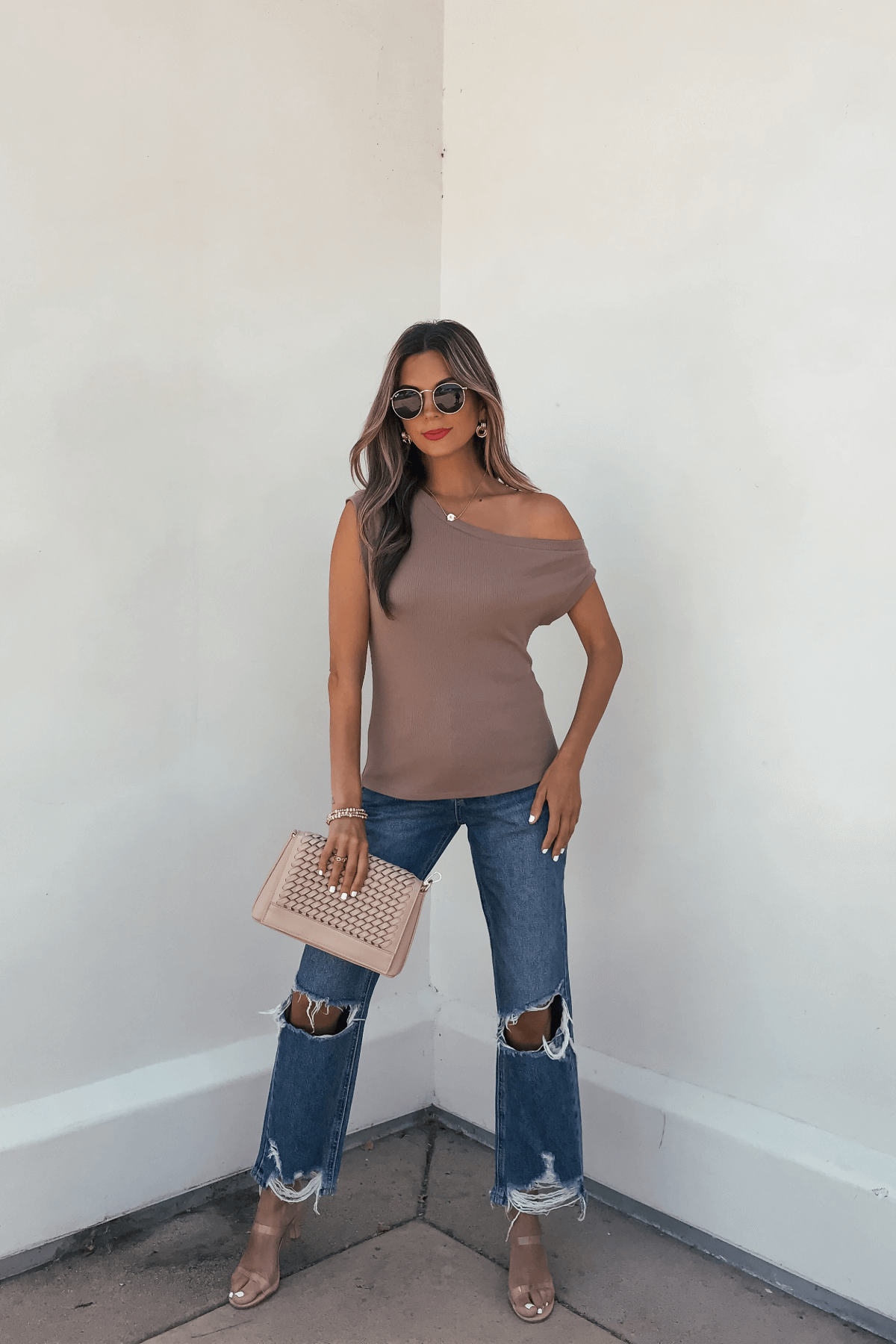 Brown Off The Shoulder Ribbed Top