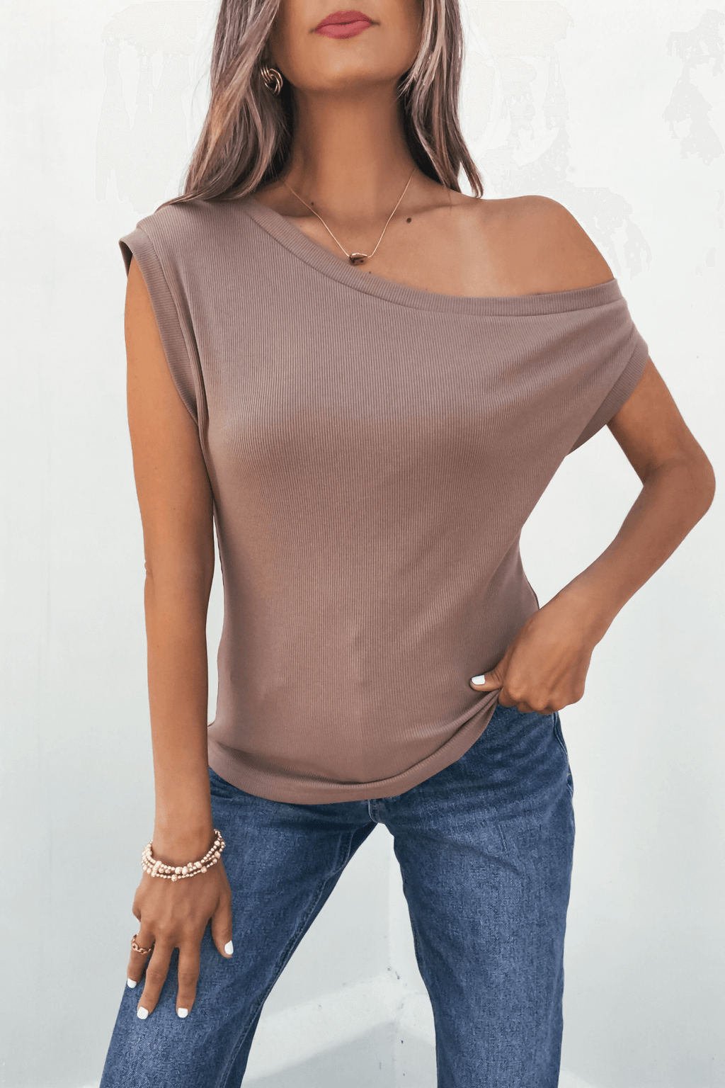 Brown Off The Shoulder Ribbed Top