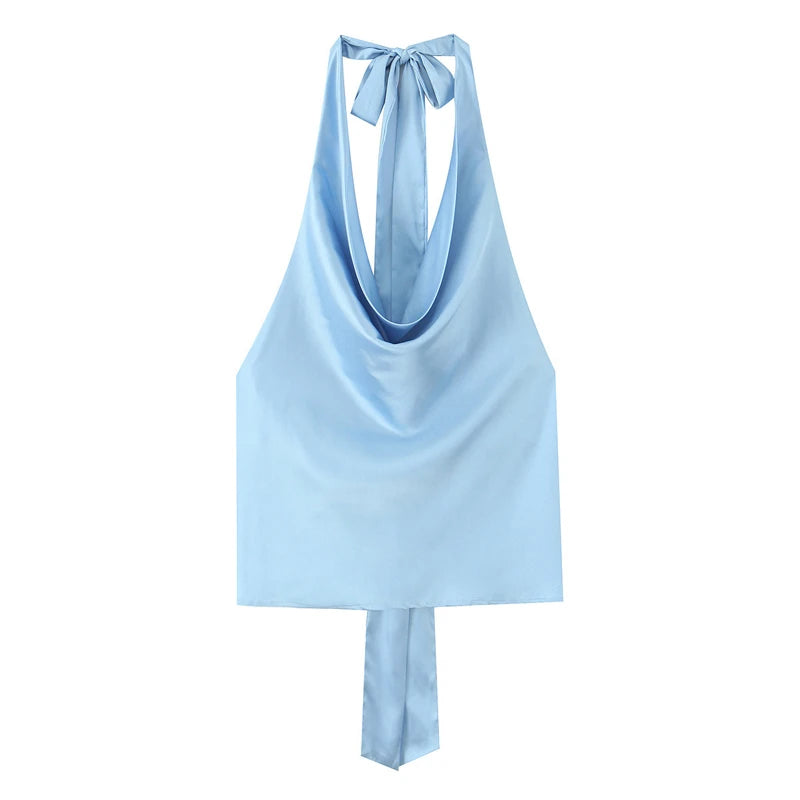 Women Casual Satin Halter Top with Adjustable Tie Sleeveless Open Back Solid Collar Vest Summer Beach Style Casual Female Blouse