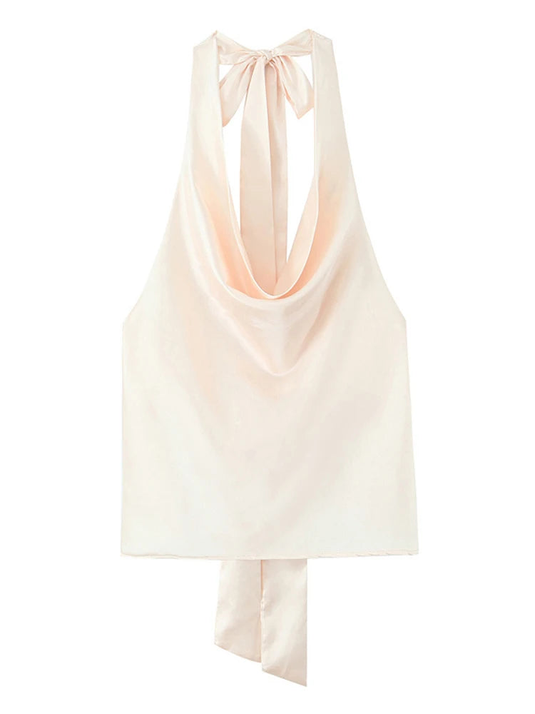 Women Casual Satin Halter Top with Adjustable Tie Sleeveless Open Back Solid Collar Vest Summer Beach Style Casual Female Blouse