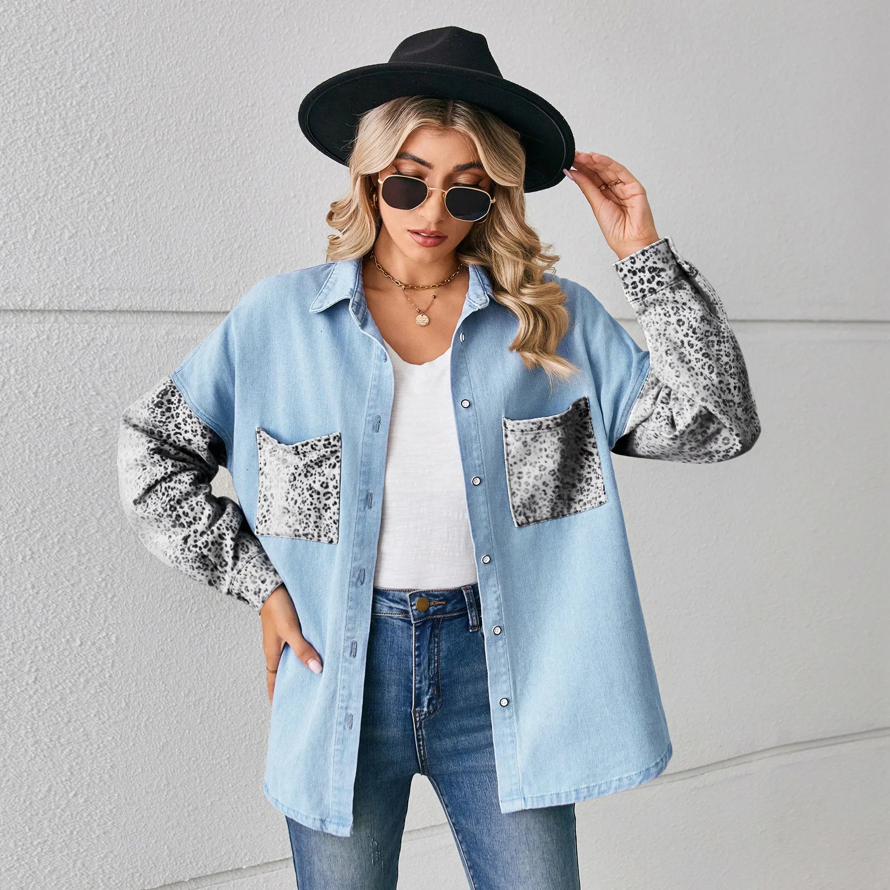 Leopard Print Patchwork Denim Loose Shirt