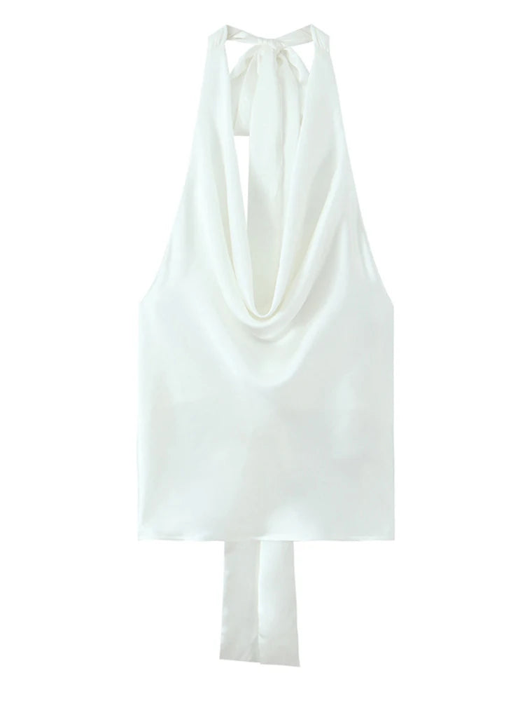 Women Casual Satin Halter Top with Adjustable Tie Sleeveless Open Back Solid Collar Vest Summer Beach Style Casual Female Blouse