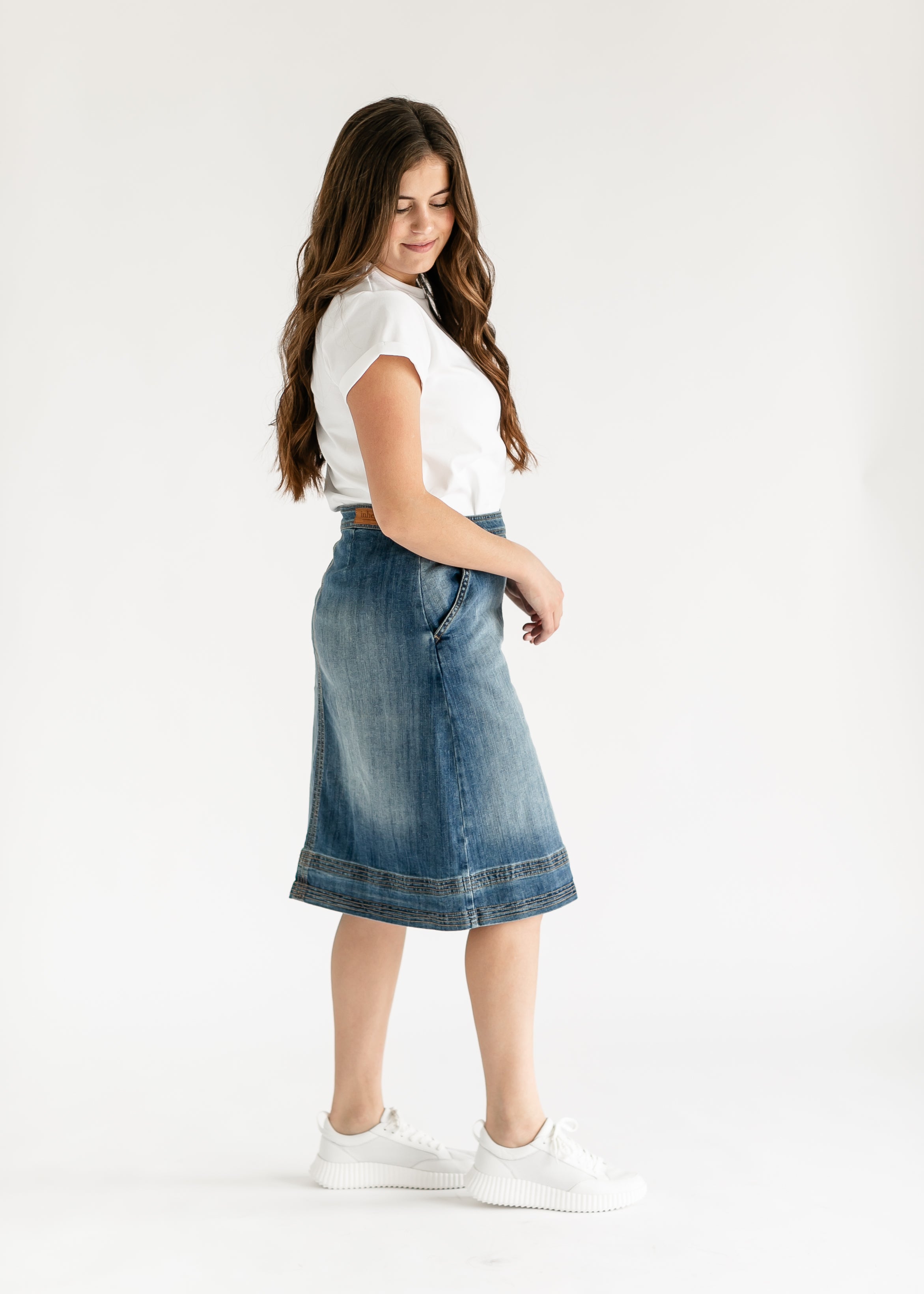 Sutton Side Zip A-line Denim Midi Skirt