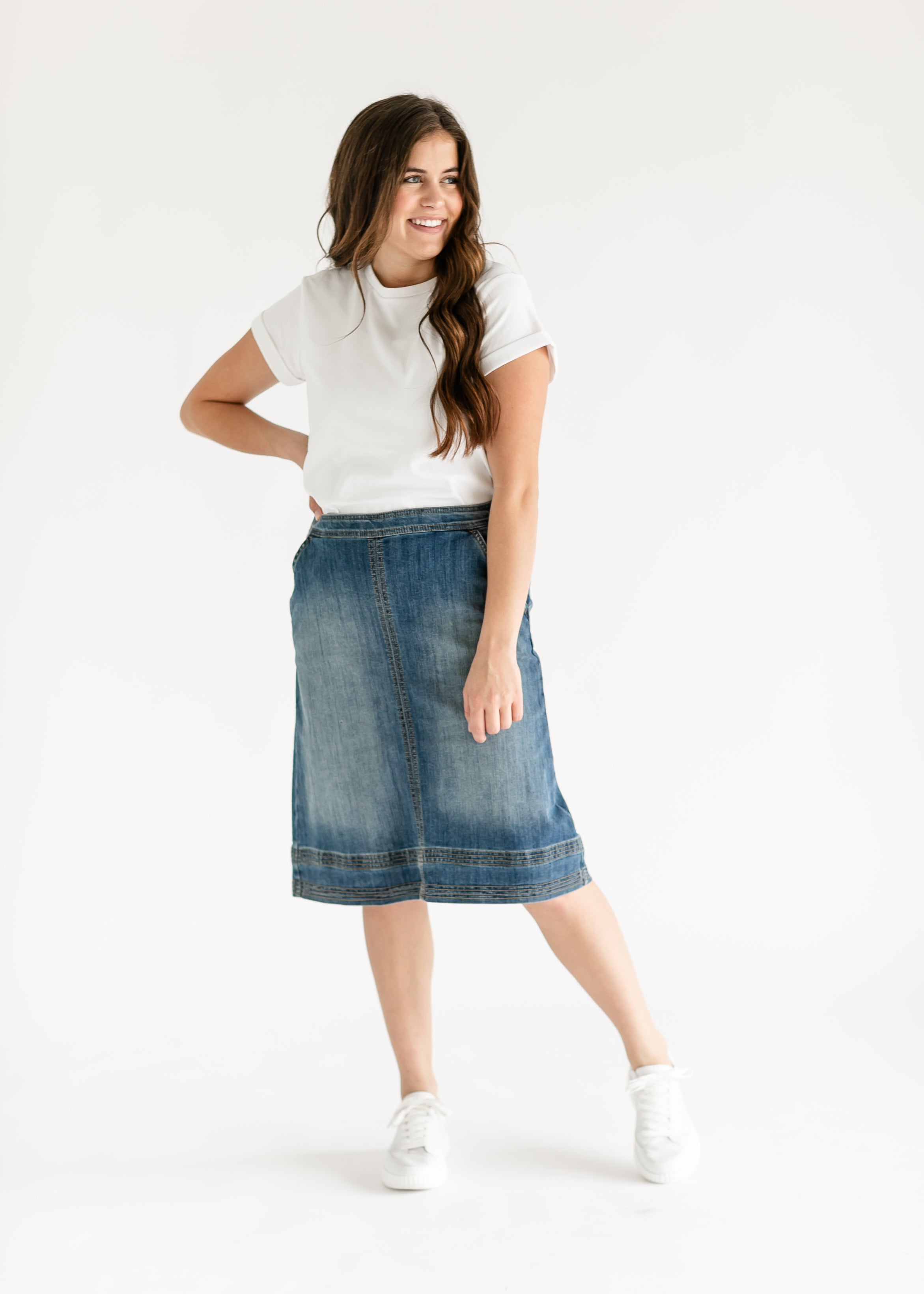 Sutton Side Zip A-line Denim Midi Skirt